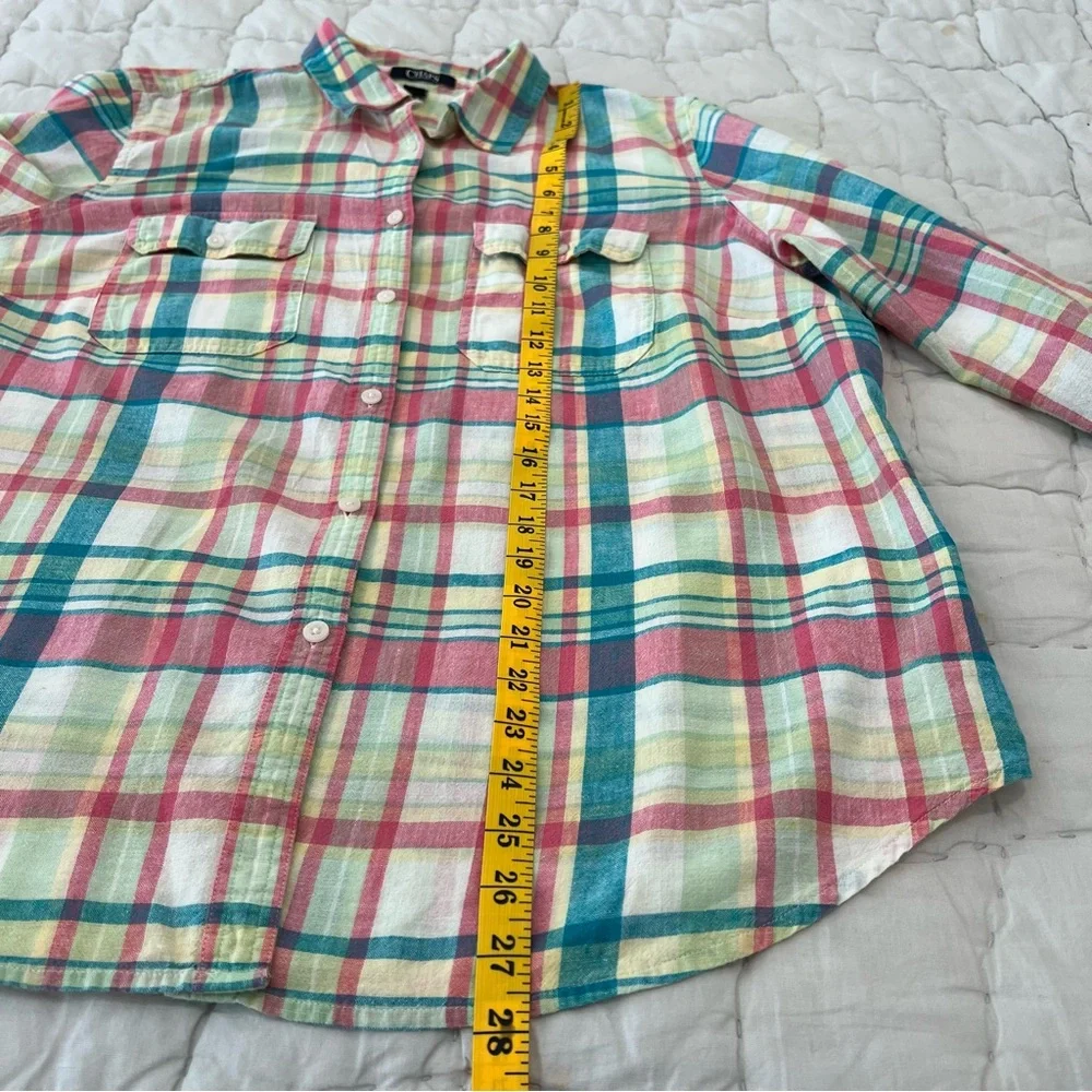 Chaps Womens Linen Blend Button Up Shirt 1X Pink Green Plaid Coastal Preppy - Picture 9 of 11